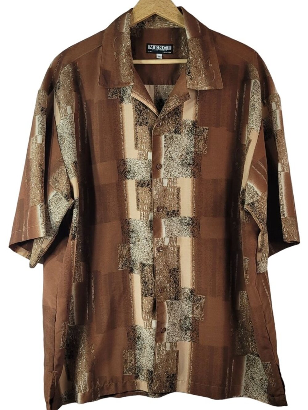 Mench Platinum Button Shirt Brown XXL Short Sleeve Collar Club Dance 90S Geo VTG